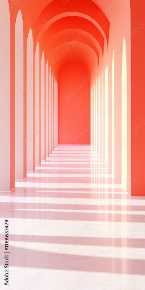 Naklejka premium Minimalist Arched Corridor with Vibrant Red and Soft Shadows