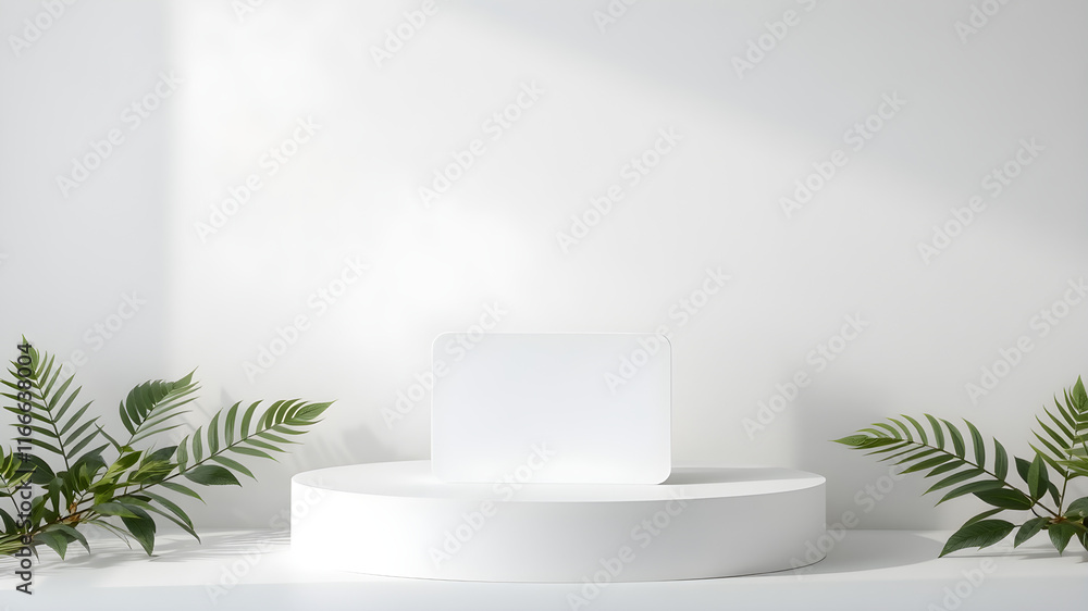 minimal background with clean podium for product presentation, leaf around the podium minimal background with clean podium for product presentation, leaf around the podium