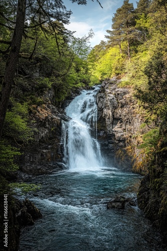A beautiful waterfall in the forest, colorful foliage, vibrant colors, turquoise water, sunlight filtering through trees, natural scenery, wide angle lens, national geographic photography style..