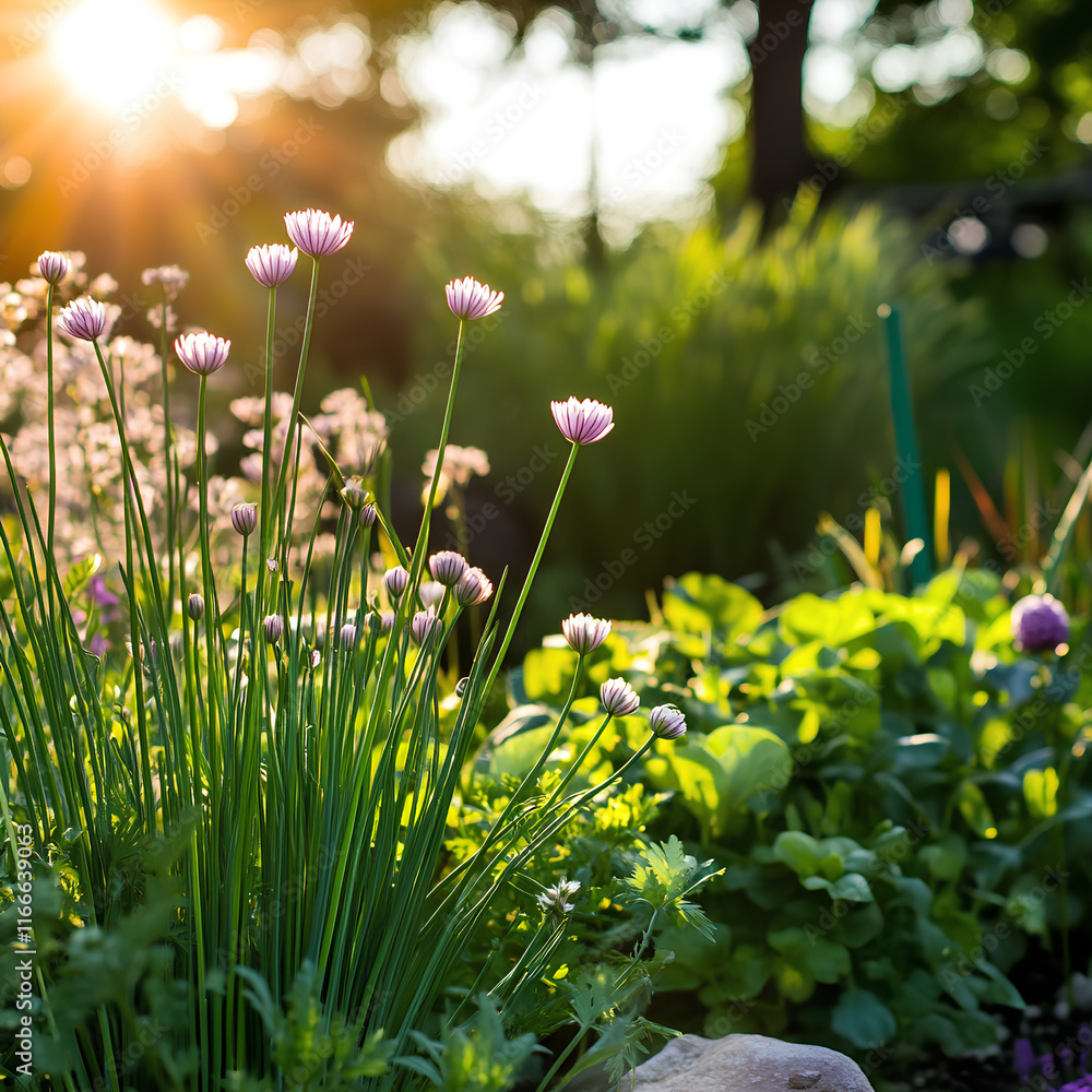 Fototapeta premium serene garden scene of herbs like chives and cilantro growing in natural sunlight