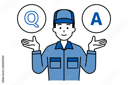 Q&Aを受け付けるつなぎ作業服の男性