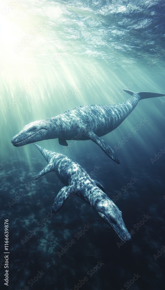 Fototapeta premium Two majestic marine creatures swim gracefully in a sunlit underwater scene.