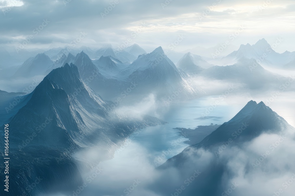 A breathtaking aerial view of the Lofoten Islands, Norway at sunrise with mountains and fjords in misty clouds. The main focus is on Reine, where you can see majestic peaks surrounding a large lake. A breathtaking aerial view of the Lofoten Islands, Norway at sunrise with mountains and fjords in misty clouds. The main focus is on Reine, where you can see majestic peaks surrounding a large lake.