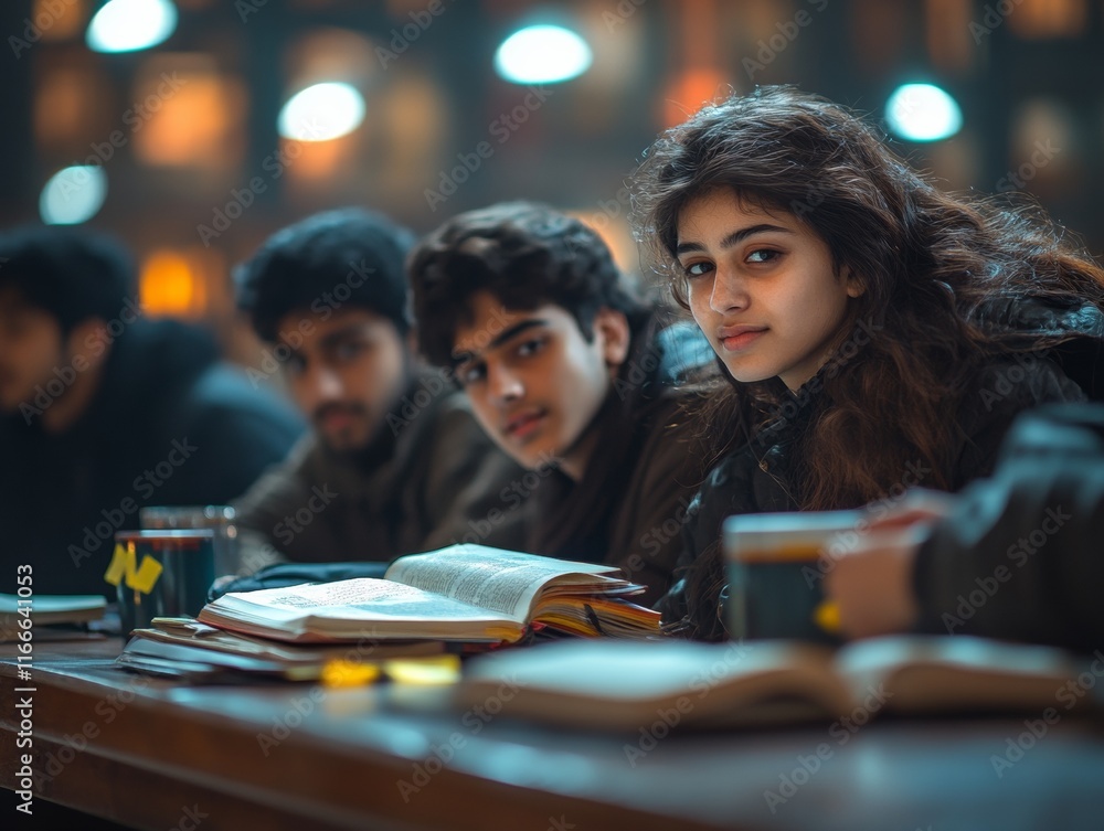 Collaborative Indian Students Studying in Cozy Library Setting Under Warm Lights Collaborative Indian Students Studying in Cozy Library Setting Under Warm Lights