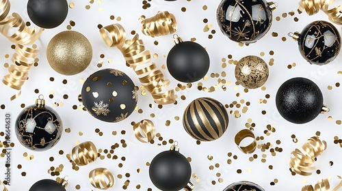 Elegant Black and Gold Christmas Ornament Flatlay photo