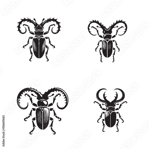 Detailed Silhouette of a Longhorn Beetle Isolated on White Background in Monochrome"