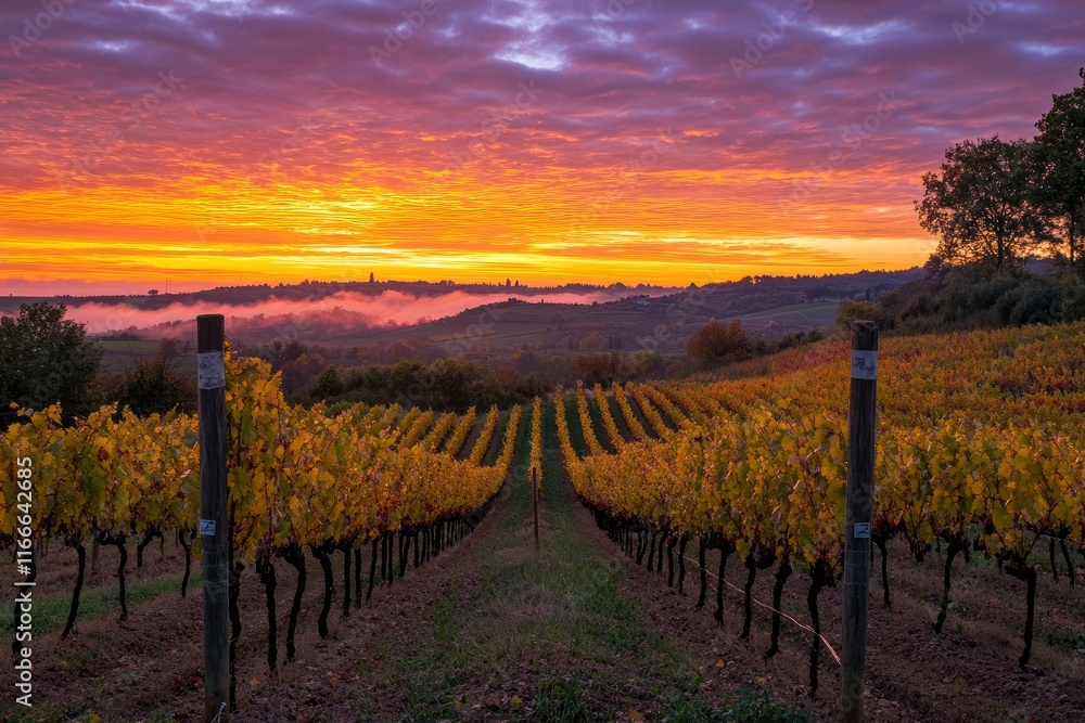 Fototapeta premium A breathtaking sunrise over the rolling hills of Tuscany, Italy, with a colorful sky and mist in autumn. A peaceful countryside scene with vineyards and trees under an orange and purple sky.