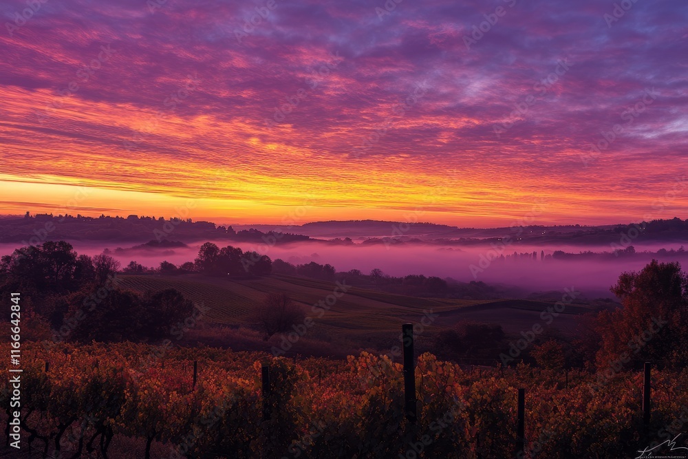 Obraz premium A breathtaking sunrise over the rolling hills of Tuscany, Italy, with a colorful sky and mist in autumn. A peaceful countryside scene with vineyards and trees under an orange and purple sky.