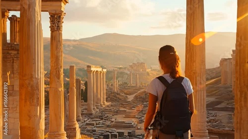 A traveler with a backpack explores the timeless beauty of ancient ruins during golden hour. The sun casts a warm glow on the historic columns, creating a serene and reflective atmosphere  photo