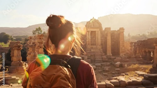 A traveler with a backpack explores the timeless beauty of ancient ruins during golden hour. The sun casts a warm glow on the historic columns, creating a serene and reflective atmosphere  photo