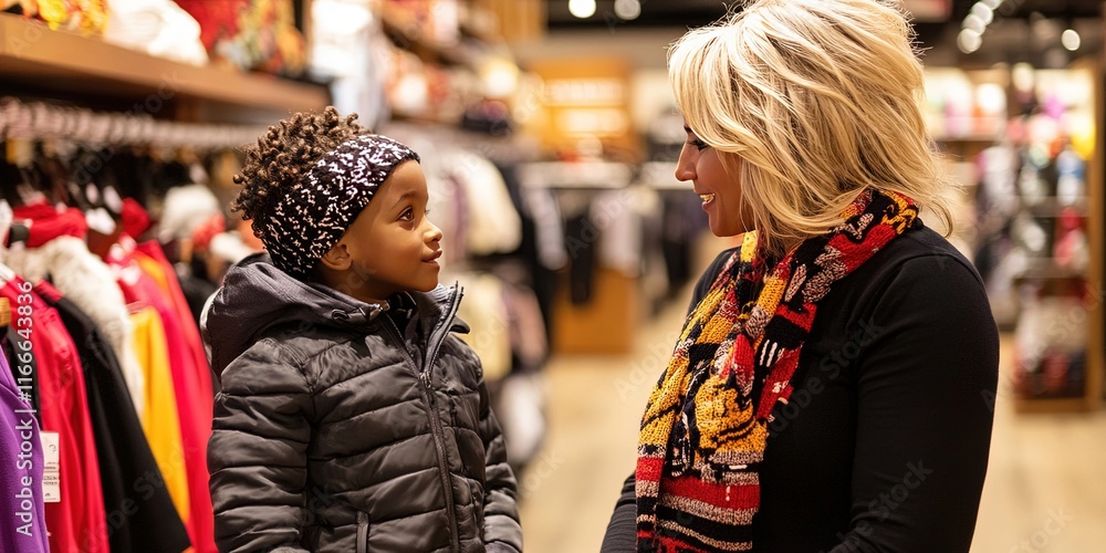 white mom and black son shopping in clothing store - white mom and black son shopping in clothing store -
