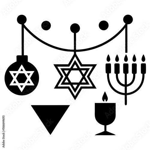 Hanukkah Lights: Dreidels, Menorahs, and Star of David Icons photo