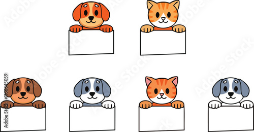 Cartoon dog and cat peeking over a blank board, with joyful expressions.