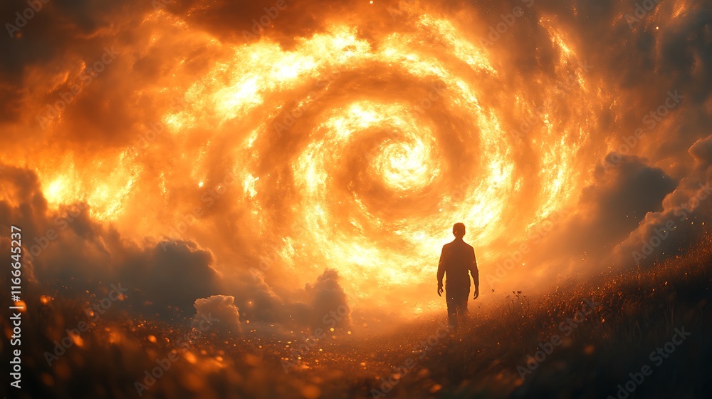 Man walks toward fiery spiral vortex in sky. Man walks toward fiery spiral vortex in sky.