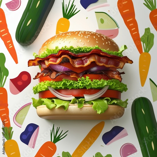 Symmetrical Burger Art with Vibrant Ingredients and Creative Background photo