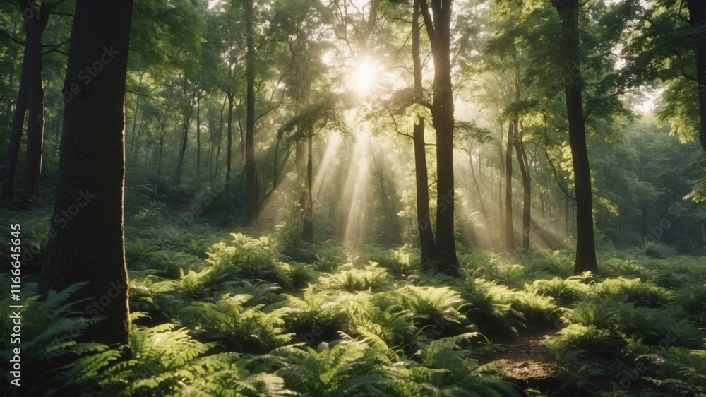 Obraz premium Sunlight filtering through trees in a serene forest setting during early morning hours