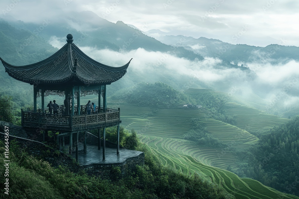 Obraz premium A Chinese-style pavilion perches on the edge of an ancient mountain, overlooking mist-covered rice terraces below. People stand on its balcony, enjoying the view as they gaze into the distance where