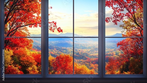 Autumnal mountain vista seen through a large window.