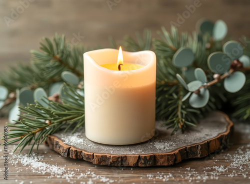 illuminated ivory candle on rustic wooden coaster with greenery