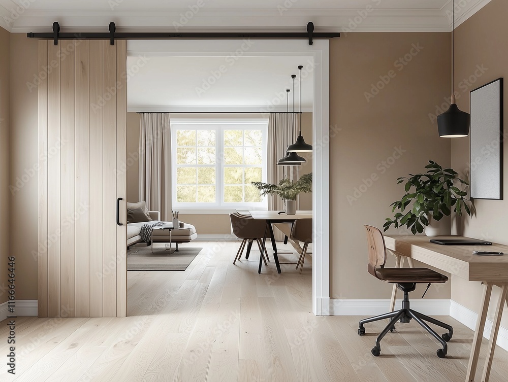 Fototapeta premium Scandinavian home office with sliding doors to living area.