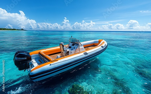 Exhilarating aerial drone view of a highspeed inflatable rib boat gliding through clear tropical waters, surrounded by vibrant blue ocean and sunny skies photo