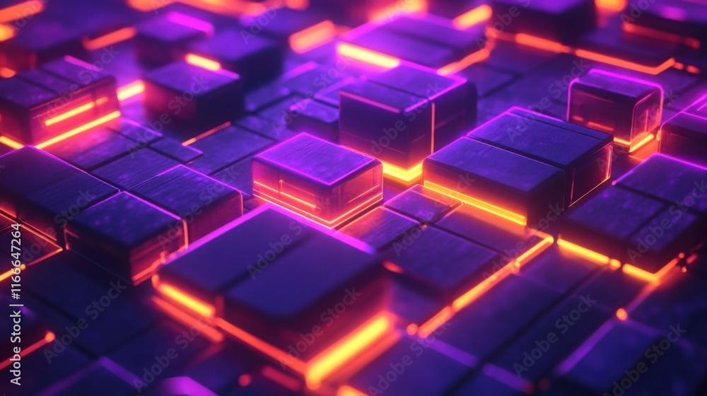 Neon purple and orange squares arranged in a 3D grid, with glowing neon trails. Neon purple and orange squares arranged in a 3D grid, with glowing neon trails.