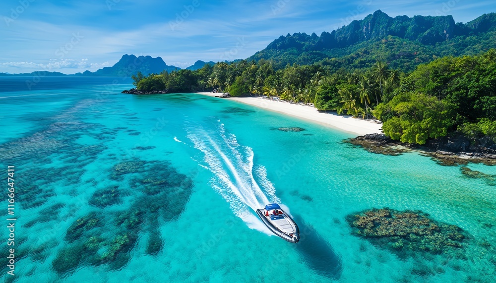 Ultrawide panoramic aerial photo of a highspeed inflatable rib boat skimming over crystalclear tropical waters, captured on a sunny summer day Ultrawide panoramic aerial photo of a highspeed inflatable rib boat skimming over crystalclear tropical waters, captured on a sunny summer day