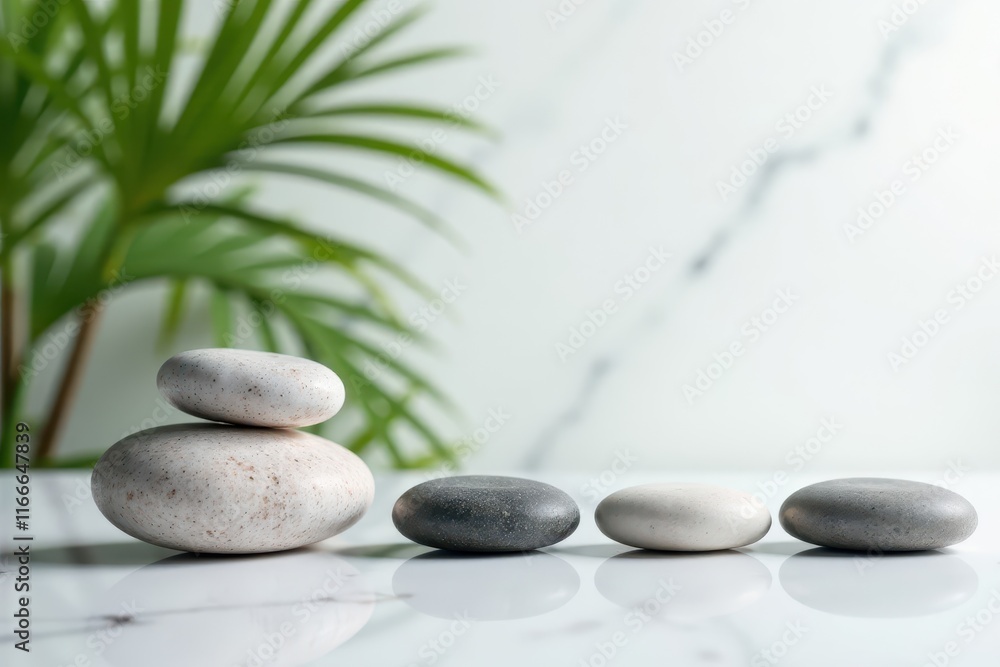 Smooth spa stones arranged artfully on pristine white marble , balance, still life Smooth spa stones arranged artfully on pristine white marble , balance, still life