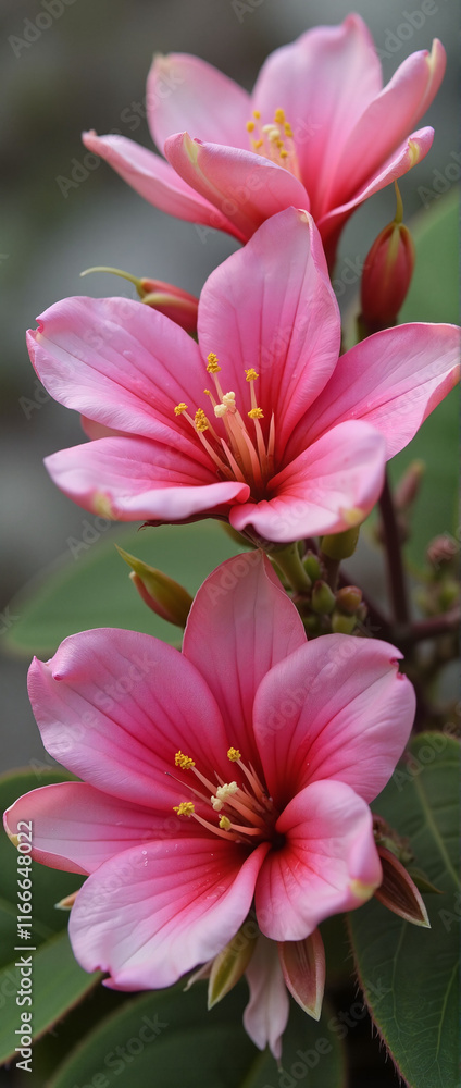 Plumeria flowers in bloom, soft pink colors, delicate floral arrangement with green leaves, copy space Plumeria flowers in bloom, soft pink colors, delicate floral arrangement with green leaves, copy space