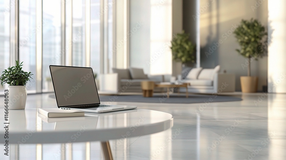Modern Office Lounge Area with Coffee Table and Laptop Setup Modern Office Lounge Area with Coffee Table and Laptop Setup