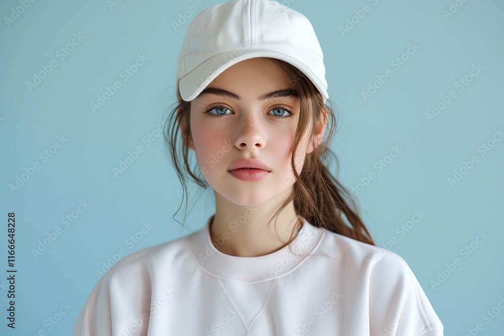 cute teenager in Relaxed oversized sweatshirt wearing hat isolated on light blue background cute teenager in Relaxed oversized sweatshirt wearing hat isolated on light blue background