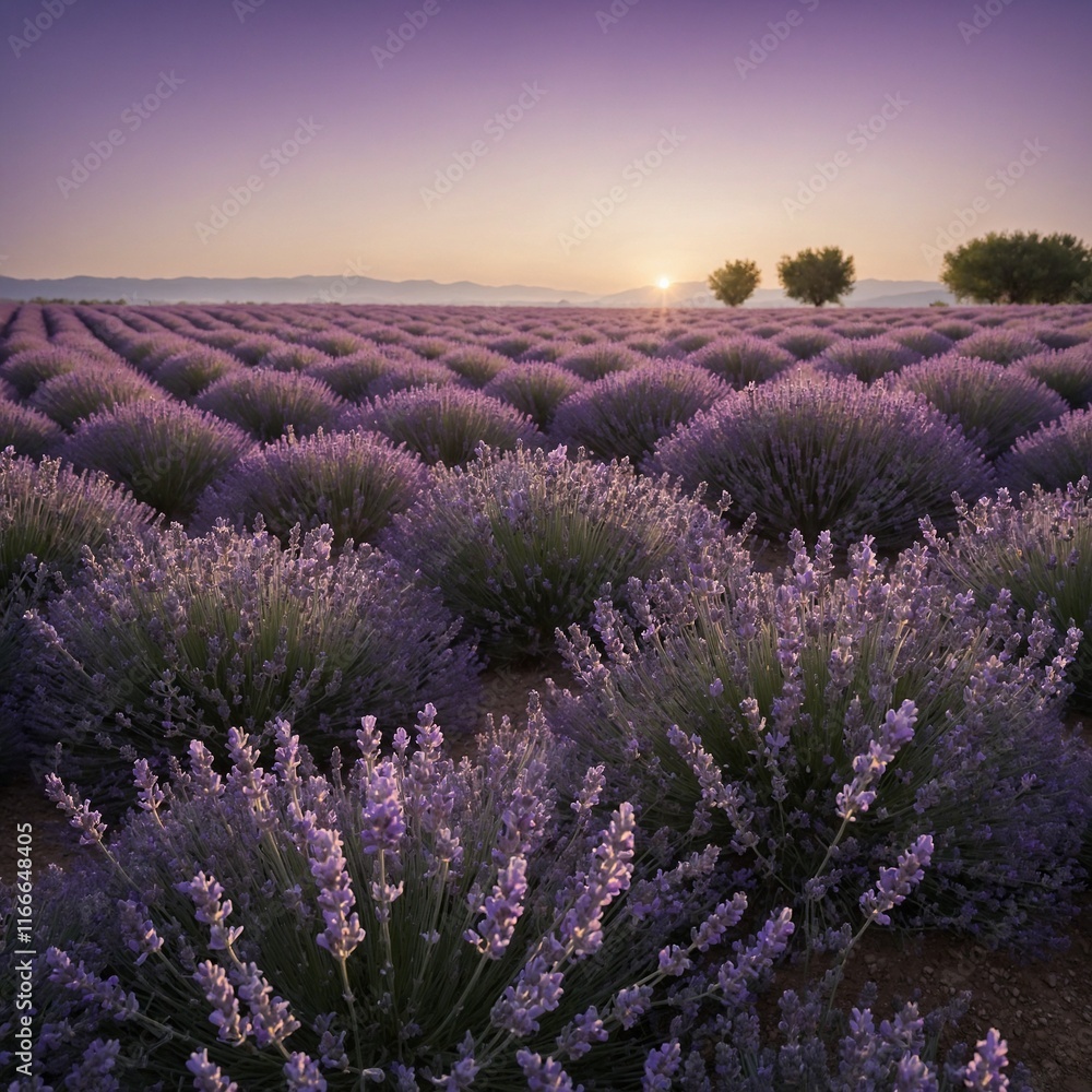 Obraz premium A field of lavender with a soft white and purple gradient background.