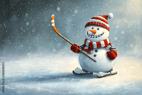 A cheerful snowman with a hockey stick skating in a snowy landscape.