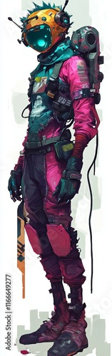 A futuristic cyberpunk figure with a half-skull face, spiked hair, sunglasses, and vibrant neon pink and teal background in bold digital art. photo