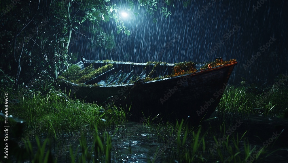 Overgrown wooden boat in a rain-soaked forest at night. Overgrown wooden boat in a rain-soaked forest at night.