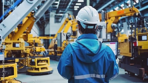 A lone engineer stands amidst a network of advanced robotic arms, representing the convergence of technology and human expertise in a modern industrial setting.