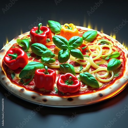 Gourmet Vegetable Pizza with Fresh Basil and Bell Peppers