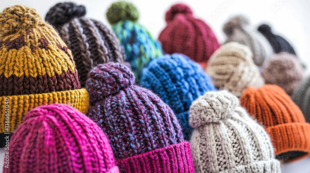 Colorful beanie hats with diverse textures and patterns displayed in a studio setting, perfect for fashion catalogs, ads, or style blogs. Colorful beanie hats with diverse textures and patterns displayed in a studio setting, perfect for fashion catalogs, ads, or style blogs.