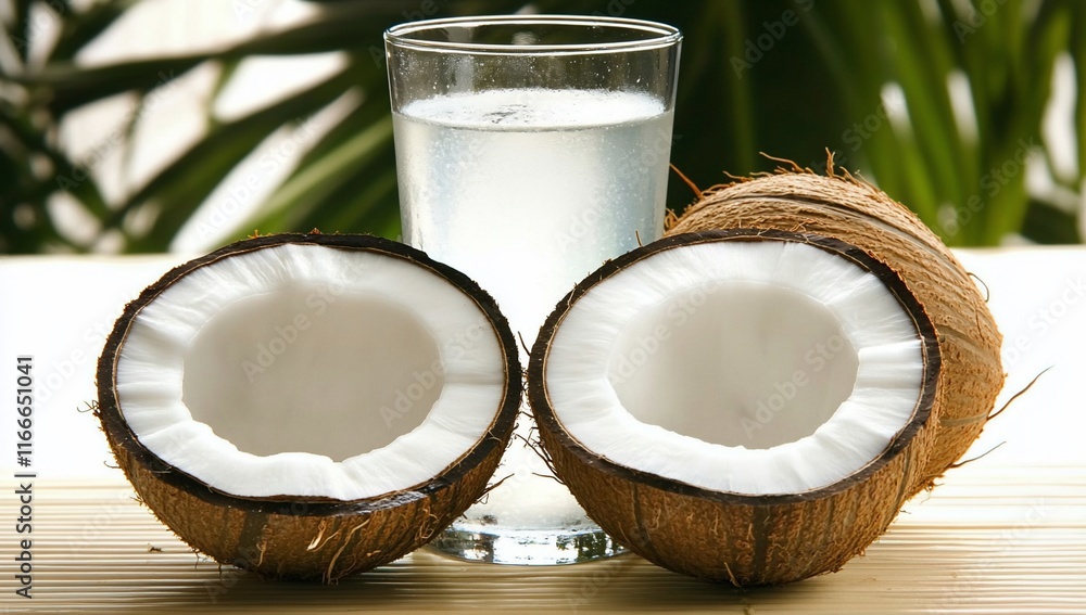 Two halved coconuts and a glass of coconut water on a bamboo surface with a blurred tropical background. Two halved coconuts and a glass of coconut water on a bamboo surface with a blurred tropical background.