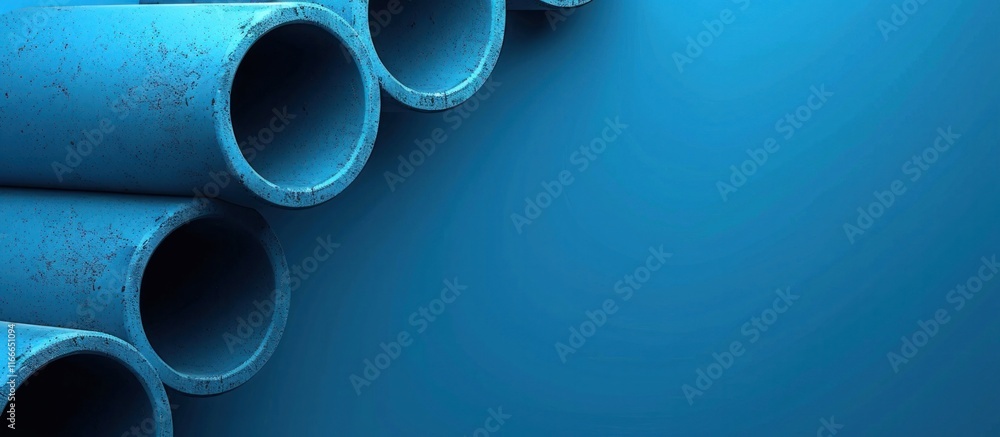 Stacked blue steel pipes or tubular conduits arranged in an abstract industrial background with a minimalist modern and graphic design aesthetic Stacked blue steel pipes or tubular conduits arranged in an abstract industrial background with a minimalist modern and graphic design aesthetic