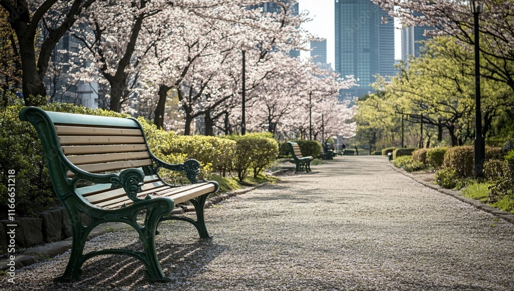 Park bench under blossoming cherry trees, path leads to city skyline. Park bench under blossoming cherry trees, path leads to city skyline.