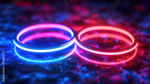 Wallpaper Mural Neon red and blue rings floating in 3D space, with glowing reflections and trails. Torontodigital.ca