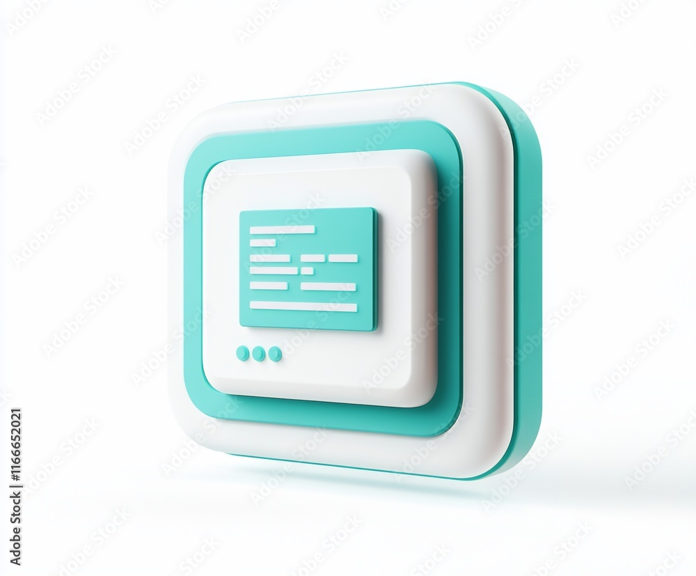 3D render of a teal and white square icon with text. 3D render of a teal and white square icon with text.