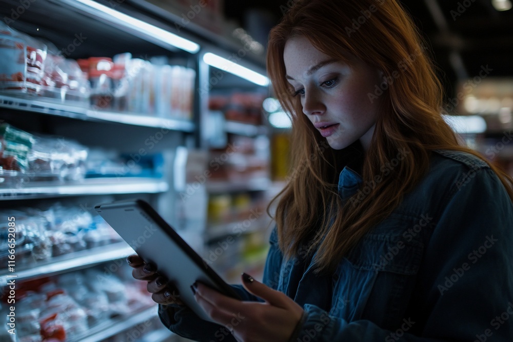 Young woman using tablet in supermarket aisle, comparing prices and products. Young woman using tablet in supermarket aisle, comparing prices and products.