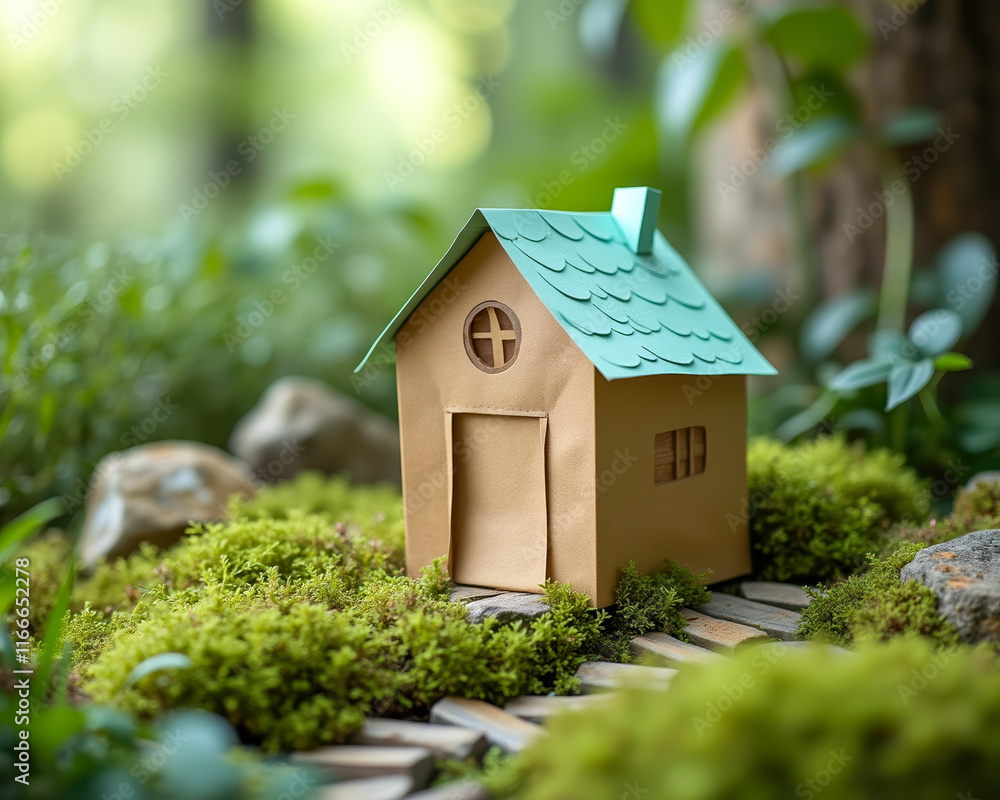 Naklejka premium charming papercraft miniature house a mossy setting