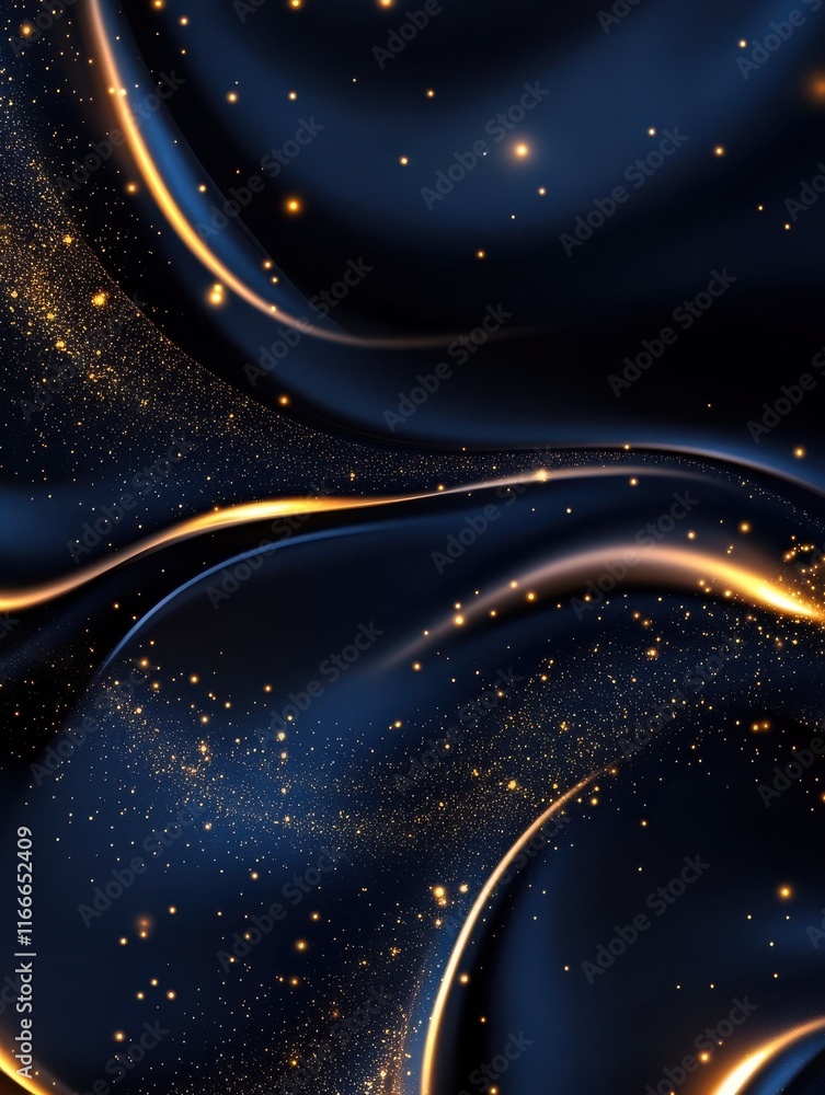 Obraz premium abstract dark bleu background with gold particles, Christmas or new year background. Beautiful background for Christmas or New Year with copy space. Design for banner, greeting card, invitation card,