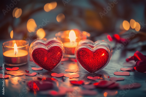 Valentine's Day, red hearts on the table surrounded by candles and confetti, a romantic atmosphere, 