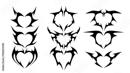 set of symmetrical black tribal vector designs with heart shapes, sharp edges, and gothic elements. Perfect for tattoos, logos, or decorative purposes, offering a bold and edgy aesthetic