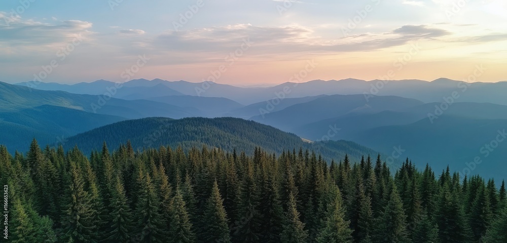 Obraz premium Landscape with forest and mountains on a blue sky background. Top view of green coniferous trees in a mountain range at sunrise. Green environment for a summer vacation or travel concept.
