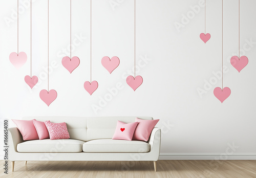 
Valentine's Day-themed living room with heart-shaped pillows on the sofa,
